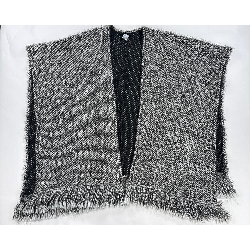 Bryn Walker Womens Poncho XXS Black White Marled Wool Blend Fringe Minimalist